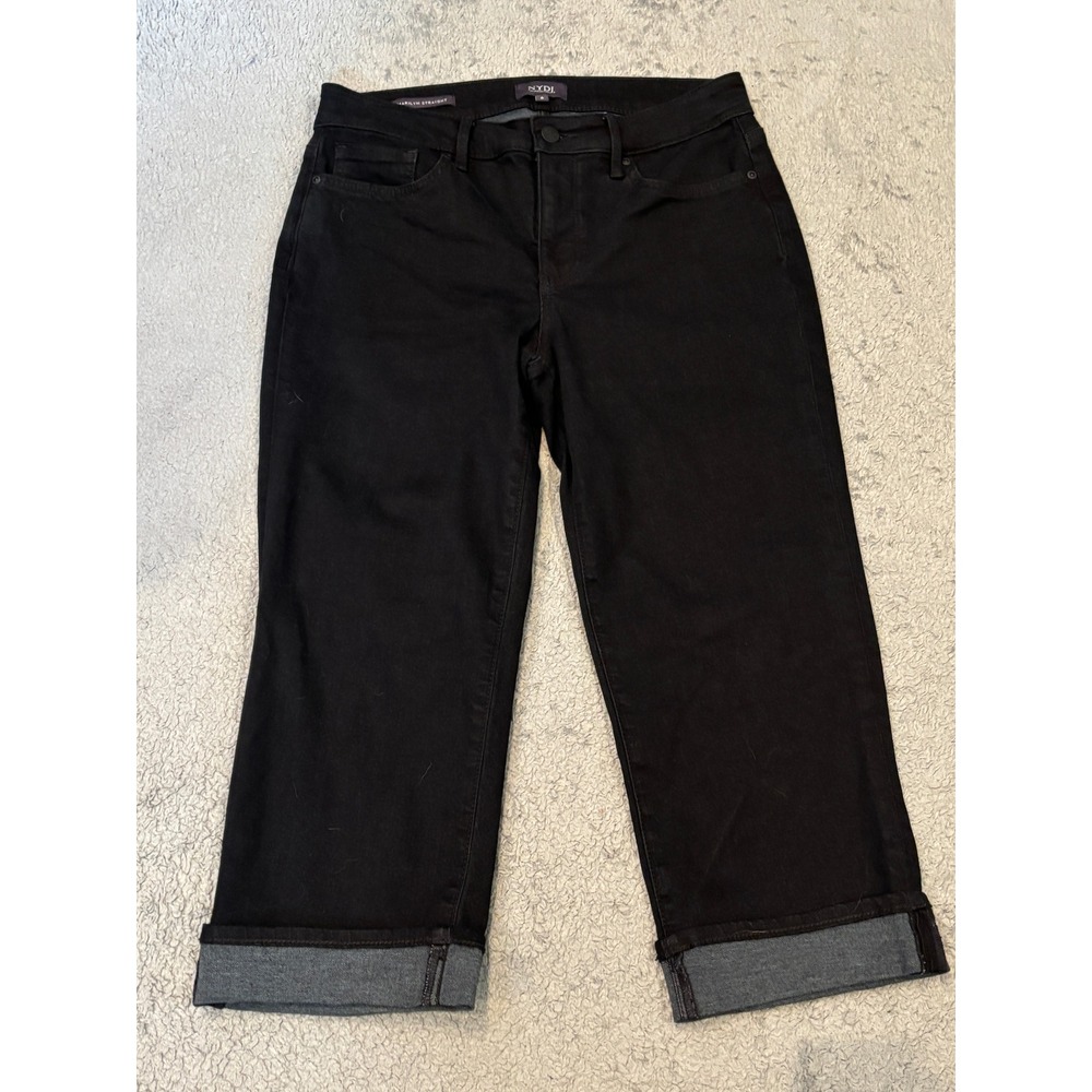 NYDJ Marilyn Straight Crop Jeans Black Cool Embrace Lift Tuck Cuffed Size 6